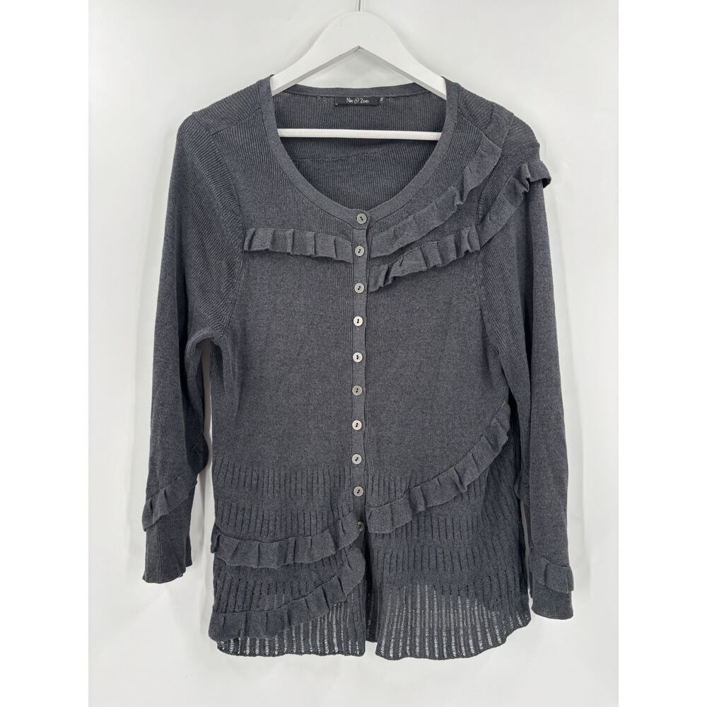 Nic + Zoe Cardigan Sweater Womens 1X Gray Linen Silk Ruffles Buttons Knit Ribbed